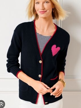 Talbots Tipped Hearts V Neck Cardigan